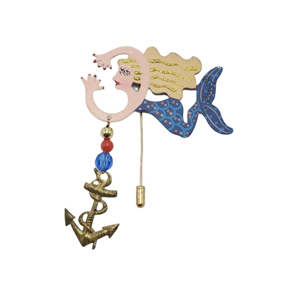 Vintage Whimsical Fanciful Flights Painted Mermaid ROSSI 2 3/4" Stick Brooch